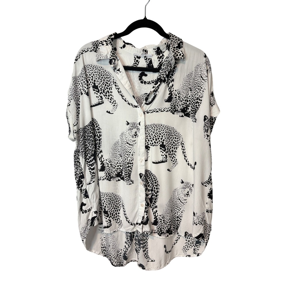 Jane + Delancey Leopard Print Button Down Shirt White Black Hi-Low XL